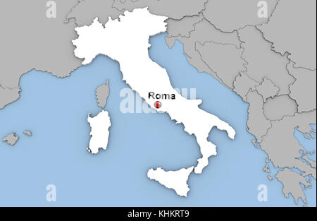 Abstract 3d render of map of Italia highlighted in white color and location of the capital Roma marked with red pin Stock Photo