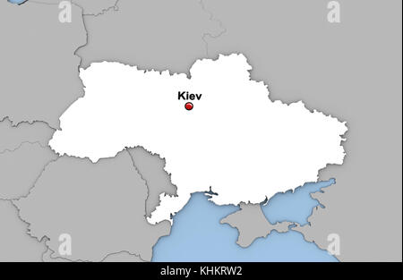 Abstract 3d render of map of Ukraine highlighted in white color and location of the capital Kiev marked with red pin Stock Photo