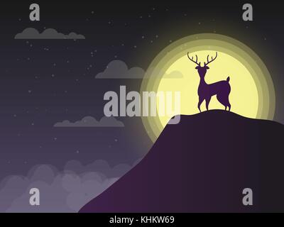 illustrator of silhouette deer standing on cliff in night with moon lighting vector background Stock Vector