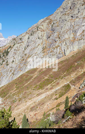 View from the Susten Pass opened in 1945 links Reuss Valle, Gotthard Mountain with the Hasli Valley in Bernese Overland & Wassen Village in Canton Uri Stock Photo