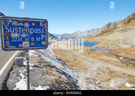 Signpost on the Sustenpass, 2224m, Susten Pass, Swiss Alps, Switzerland. Stock Photo