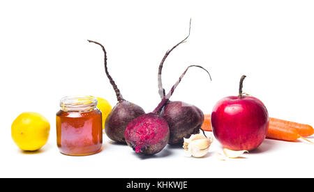 Raw beet with healthy fruits and vegetables isolated on white Stock Photo