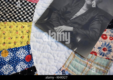 1930's Quilt with Photo of Hands that Made It Stock Photo