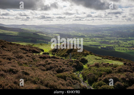 Beautiful view from Foel Fenlli in the Clwydian range, North Wales on a sunny autumn day. Stock Photo