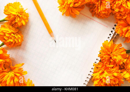wood orange pencil on white paper surrounded by yellow flowers Stock Photo
