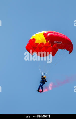 MOTRIL, GRANADA, SPAIN-JUN 11: Parachutist of the PAPEA taking part in an exhibition on the 12th international airshow of Motril on Jun 11, 2017, in M Stock Photo