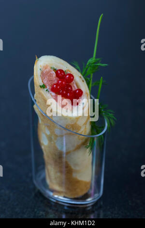 Mini canap with elements of molecular kitchen on white background Stock Photo