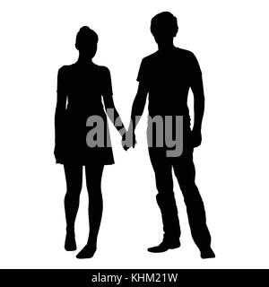 Realistic silhouette of young man and woman holding hands - vector Stock Vector