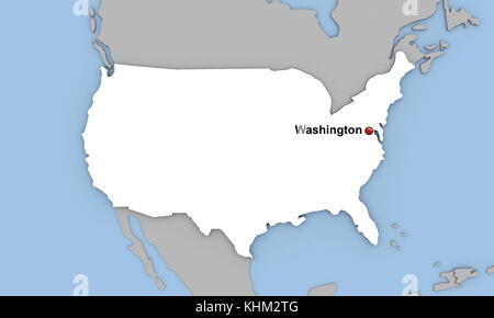 Abstract 3d render of map of USA highlighted in white color and location of the capital Washington marked with red pin Stock Photo