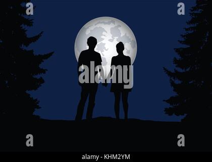 Realistic silhouette of a young man and woman holding hands in a forest between trees under a blue night sky with full moon - vector Stock Vector