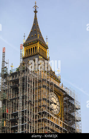 Scaffolding around the Elizabeth Tower, more commonly known as Big Ben, during the extensive restoration and repairs of the Houses of Parliament. Stock Photo