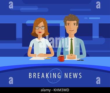 Breaking news. Anchorman on tv broadcast. Television, journalism, mass media concept. Vector flat illustration Stock Vector