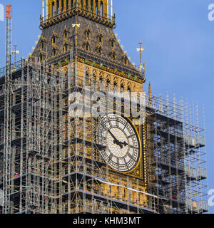 Scaffolding around the Elizabeth Tower, more commonly known as Big Ben, during the extensive restoration and repairs of the Houses of Parliament. Stock Photo