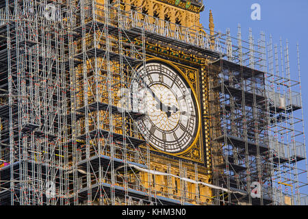 Scaffolding around the Elizabeth Tower, more commonly known as Big Ben, during the extensive restoration and repairs of the Houses of Parliament. Stock Photo