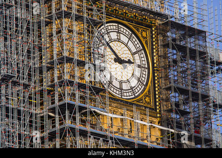 Scaffolding around the Elizabeth Tower, more commonly known as Big Ben, during the extensive restoration and repairs of the Houses of Parliament. Stock Photo