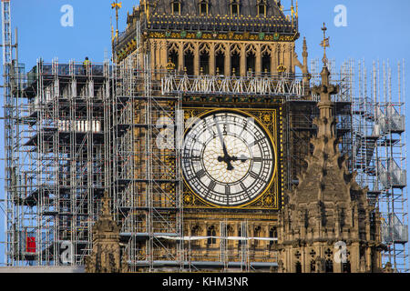 Scaffolding around the Elizabeth Tower, more commonly known as Big Ben, during the extensive restoration and repairs of the Houses of Parliament. Stock Photo