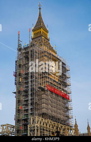 Scaffolding around the Elizabeth Tower, more commonly known as Big Ben, during the extensive restoration and repairs of the Houses of Parliament. Stock Photo