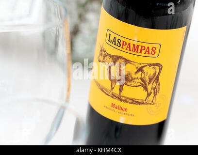 A bottle of Las Pampas Malbec red wine and glass Stock Photo