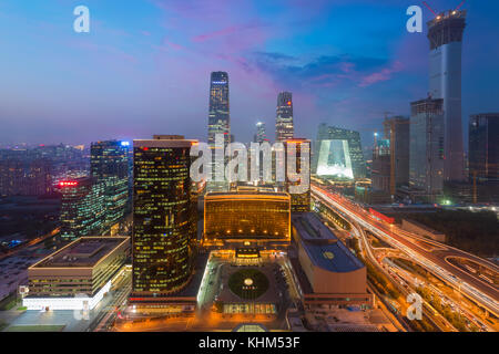 High angle view of Beijing Central Business District  skyscrapers building at night in Beijing ,China. Stock Photo