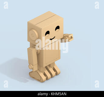 Cute Cardboard Robot isolated on light blue background. 3D rendering image. Stock Photo