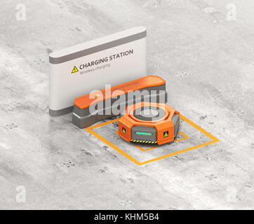 Orange warehouse robot charging at charging station. Advanced warehouse robotics technology concept. 3D rendering image. Stock Photo