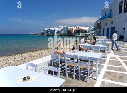 Restaurant and bars along Little Venice, Mykonos island, Cyclades, Aegean, Greece Stock Photo