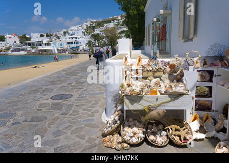 Sea animals as souvenirs at a shop, beach at Mykonos-town, Mykonos island, Cyclades, Aegean, Greece Stock Photo