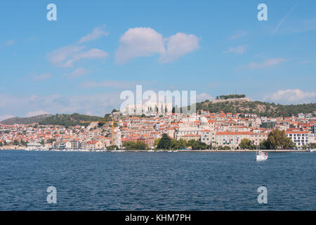 Old town of Sibenik, Croatia. Waterfront view from the sea Stock Photo