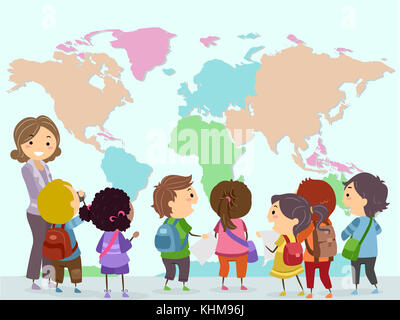 Stickman Illustration of a Group of Preschool Kids Observing a Giant World Map Stock Photo