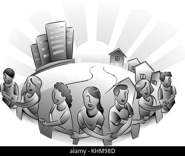 Black and White Illustration Featuring the Residents of an Urban Area Forming a Circle Around Their City Stock Photo