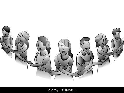 Black and White Illustration of People Forming a Human Chain in a Show of Unity Stock Photo