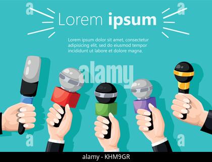 Microphones in reporter hands. Set of microphones and recorders isolated on turquoise background. blog Television, interview. Vector illustration. Web Stock Vector