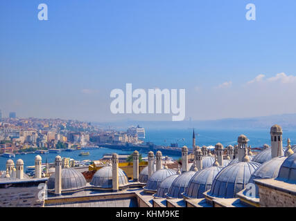 Panoramic view of Istanbul, Turkey. Istanbul through the domes and chimneys of the Suleymaniye Complex Stock Photo