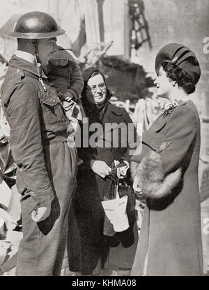 Queen Elizabeth visiting Britain's bombed towns during WWII, seen here in Plymouth.  Queen Elizabeth, The Queen Mother.  Elizabeth Angela Marguerite Bowes-Lyon, 1900 – 2002.  Wife of King George VI and mother of Queen Elizabeth II.
