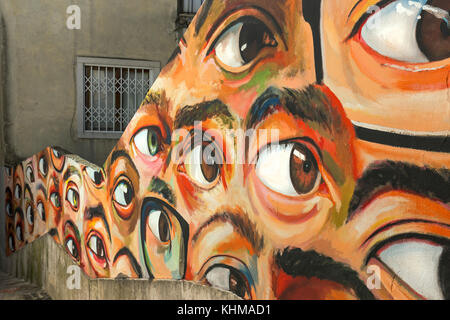 Wall painting, street art, graffiti, eyes, Beco do Maldonado, Alfama, Lisbon, Portugal, Europe Stock Photo
