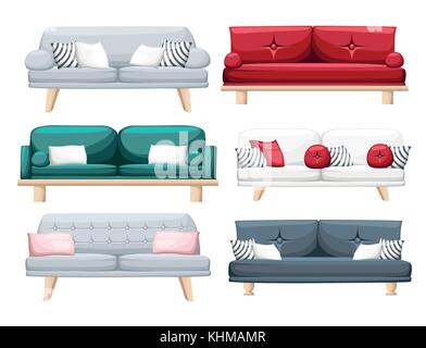 Set of sofas with pillows isolated on white background. Vector illustration. Website page and mobile app design Stock Vector