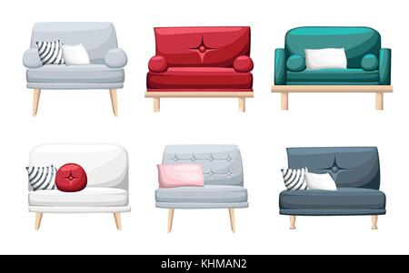 Set of sofas with pillows isolated on white background. Vector illustration. Website page and mobile app design Stock Vector