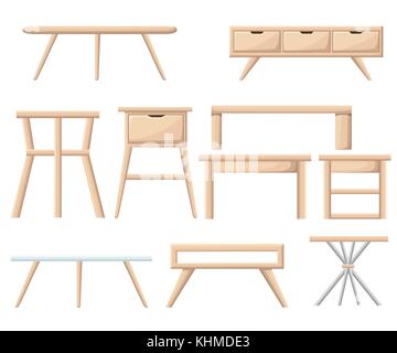 Interior furniture set. Bedroom furniture: bedside table, nightstand, basket, cabinet, chair, box. Office and home cartoon object isolated on white. V Stock Vector