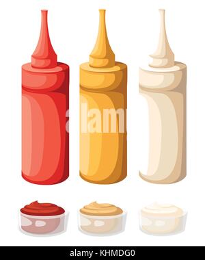 Vector Set of Color Fast Food Plastic Bottles. Ketchup, Mayo, Mustard. Vector illustration isolated on white. Website page and mobile app design Stock Vector