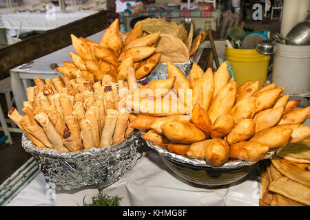 Delicious Mexican food called taquitos and antojitos on street of Oaxaca, Mexico. Stock Photo