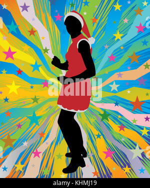 Santa girl dancing on abstract colorful background with stars Stock Photo