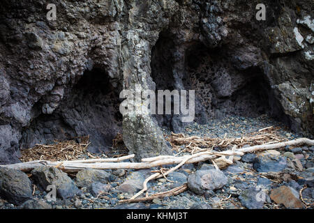 Sights along the beach in a secluded Bay, South Island, New Zealand: Caves in the rugged, volcanic rocks. Stock Photo