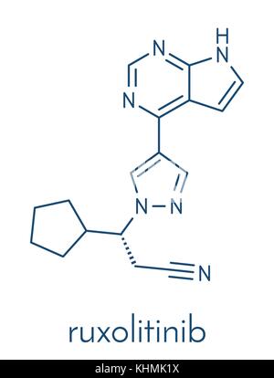 Ruxolitinib myelofibrosis cancer drug molecule (janus kinase inhibitor). Skeletal formula. Stock Vector