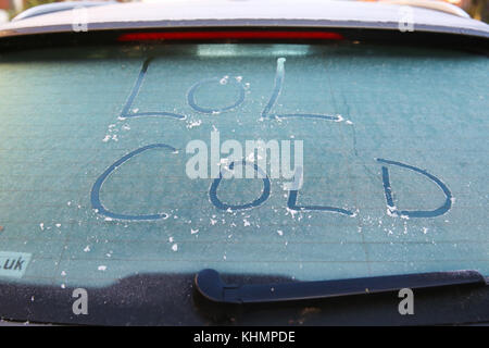 London, UK. 17th Nov, 2017. Cold written on an icy car windscreen after a very cold night in the capital. Credit: Dinendra Haria/Alamy Live News Stock Photo