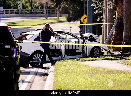 November 17, 2017 - Florida, U.S. - Palm Beach Gardens Police investigated an incident on a road outside The Gardens Mall Friday afternoon, November 17, 2017. No one was injured in the incident on Gardens Parkway, on the north side of the mall, said Chief Sean Broedell of Palm Beach Gardens Fire Rescue. (Credit Image: © Bruce R. Bennett/The Palm Beach Post via ZUMA Wire) Stock Photo