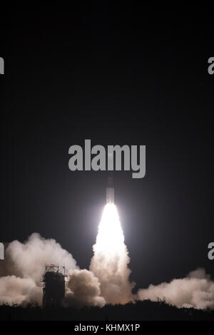 Lompoc, United States. 18th Nov, 2017. The United Launch Alliance Delta II rocket carrying the Joint Polar Satellite System-1 payload lifts off from the Vandenberg Air Force Base Space Launch Complex 2 November 18, 2017 in Lompoc, California. After back-to-back delays the spacecraft finally launched early morning in a flawless liftoff. Credit: Planetpix/Alamy Live News Stock Photo