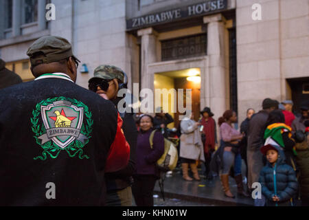 London Uk 18th November 2017 People gathered at the Zimbabwe House in London during a rally calling on President  Robert Mugabe  to step down. Stock Photo