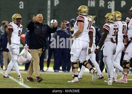 Fenway Park. 18th Nov, 2017. MA, USA; Boston College Eagles head coach Steve Addazio reacts during the NCAA football game between Boston College Eagles and UConn Huskies at Fenway Park. Boston College defeated UConn 39-16. Anthony Nesmith/CSM/Alamy Live News Stock Photo