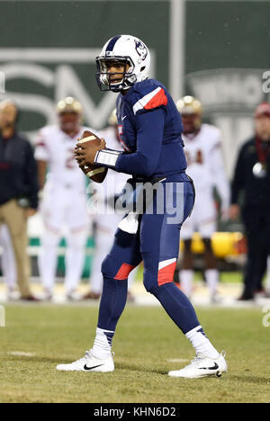 Fenway Park. 18th Nov, 2017. MA, USA; UConn Huskies quarterback David Pindell (5) in action during the NCAA football game between Boston College Eagles and UConn Huskies at Fenway Park. Boston College defeated UConn 39-16. Anthony Nesmith/CSM/Alamy Live News Stock Photo