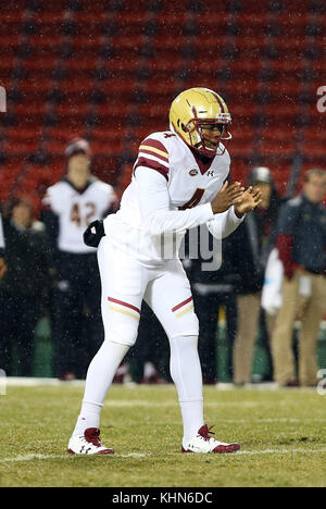 Fenway Park. 18th Nov, 2017. MA, USA; Boston College Eagles quarterback Darius Wade (4) in action during the NCAA football game between Boston College Eagles and UConn Huskies at Fenway Park. Boston College defeated UConn 39-16. Anthony Nesmith/CSM/Alamy Live News Stock Photo